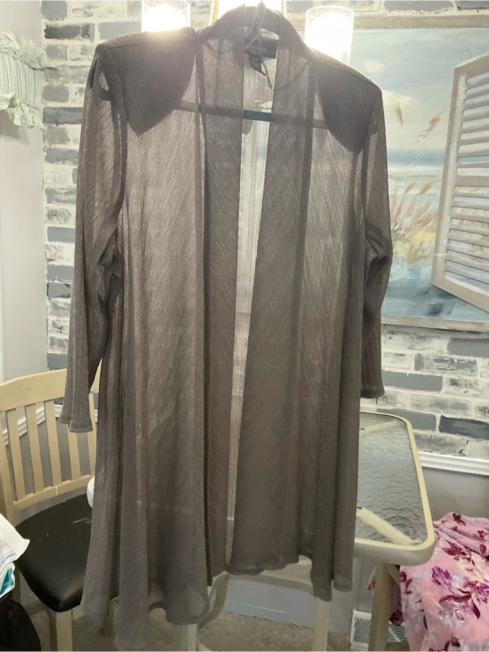 R & M Richards Sheer Open-Front Robe in Taupe